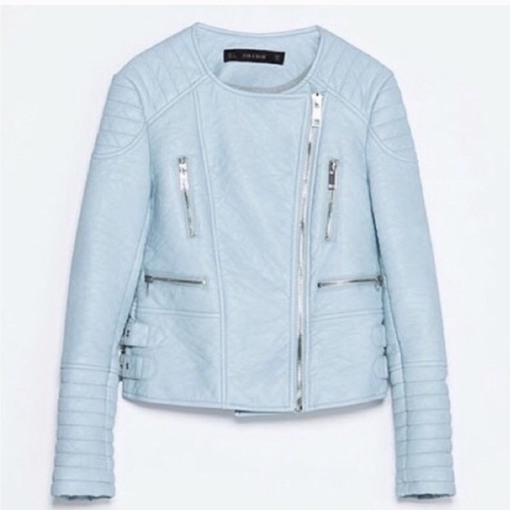ZARA baby blue moto leather jacket